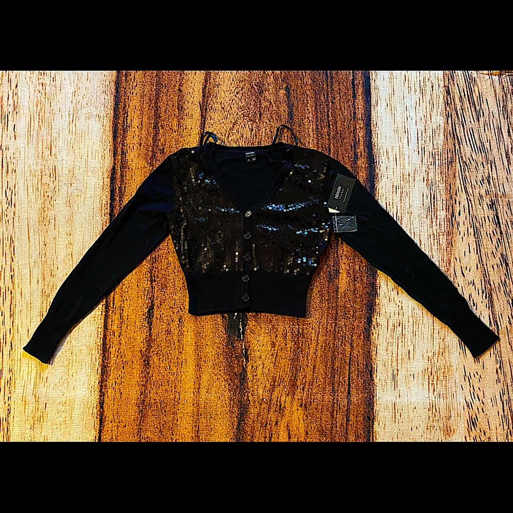 NWT Nicole Miller Black Sequin Button Front Summer Sweater